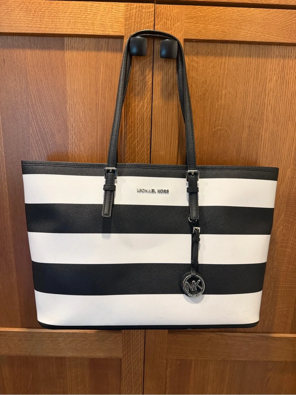 Michael Kors Black and White Horizontal Stripe Tote - Picture 1 of 8